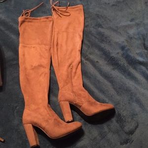 Over knee high heel mocha suede boots